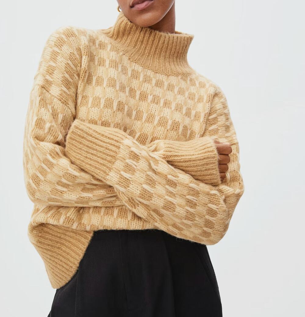 Everlane Tan the cloud checkered mock neck chunky sweater